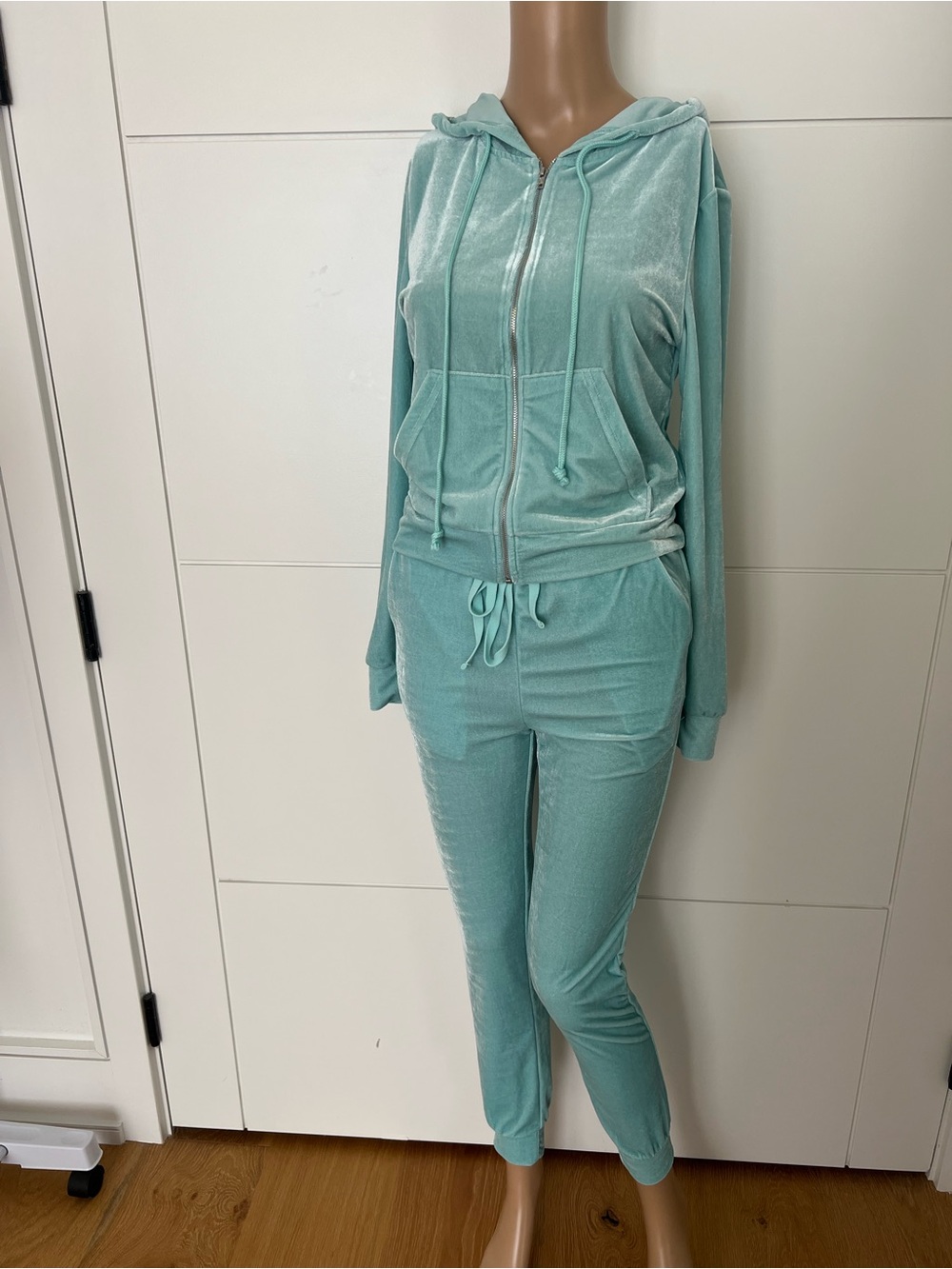 SHEIN Mint Green Velour Zip Hoodie & Jogger Set